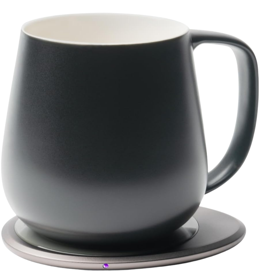 Matte gray mug on charging coaster with tiny purple glow