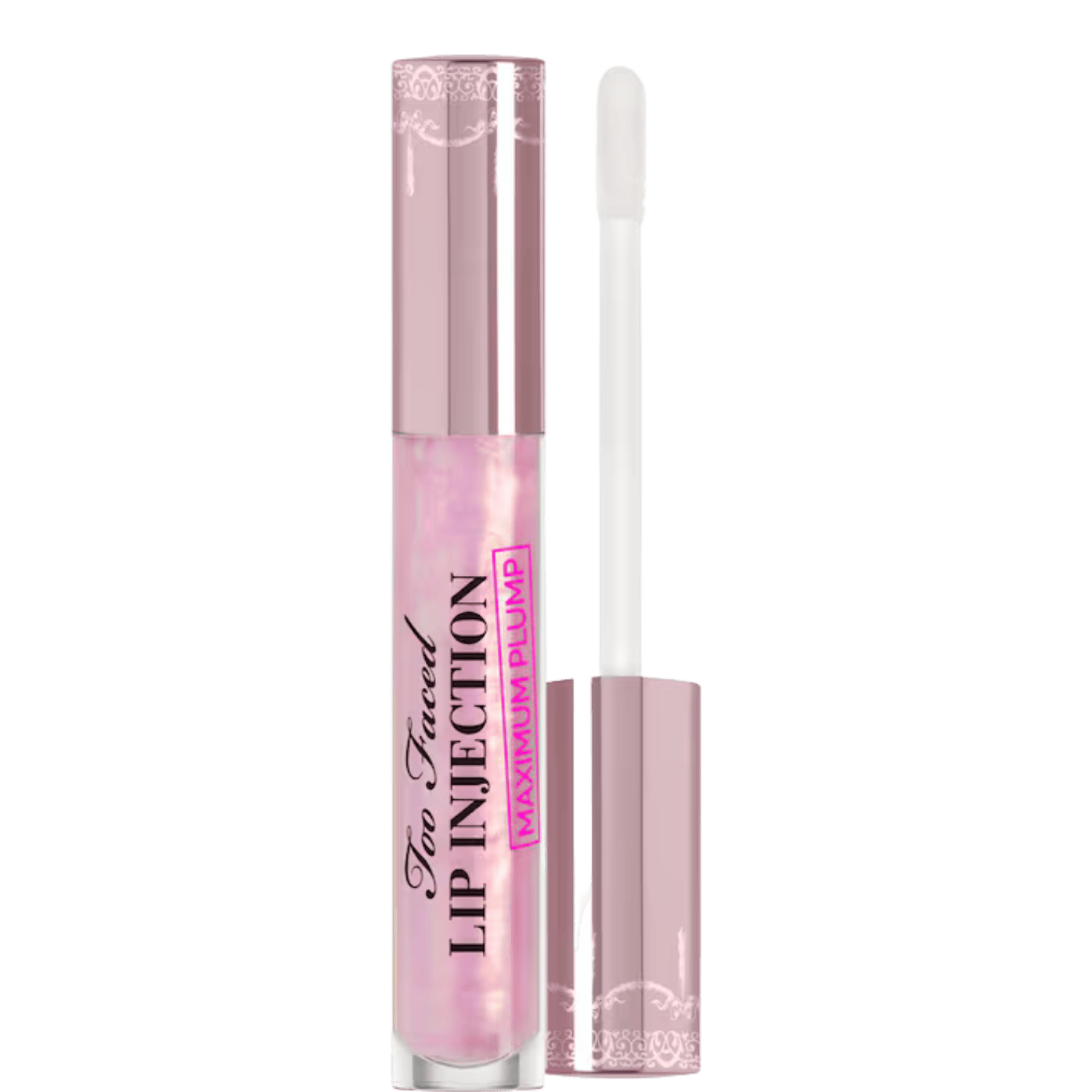 Pink lip plumping gloss tube with white applicator wand
